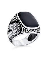 Bling Jewelry Natural Black Onyx Brown Tiger Eye Equestrian Stallion Horse Ring Sterling Silver