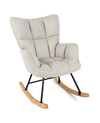 Linen Nursery Rocking Chair with High Backrest Padded Armrests & Seat for Nursery Light