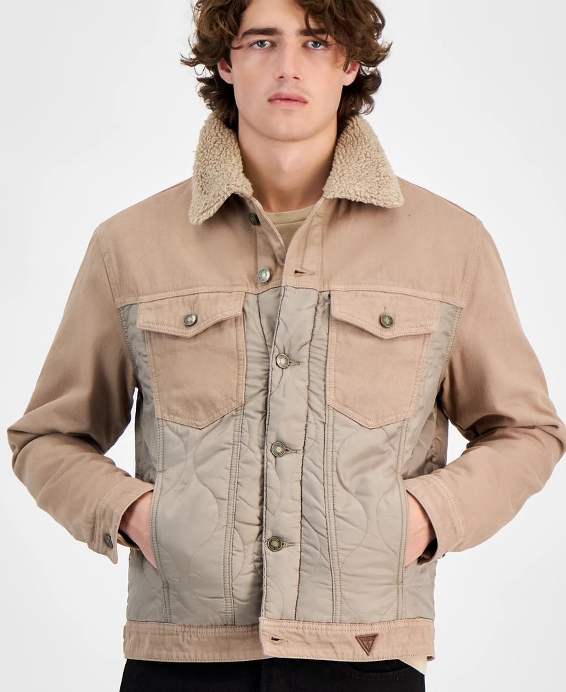 Guess Men's Dean Quilted Denim Jacket with Fleece Collar