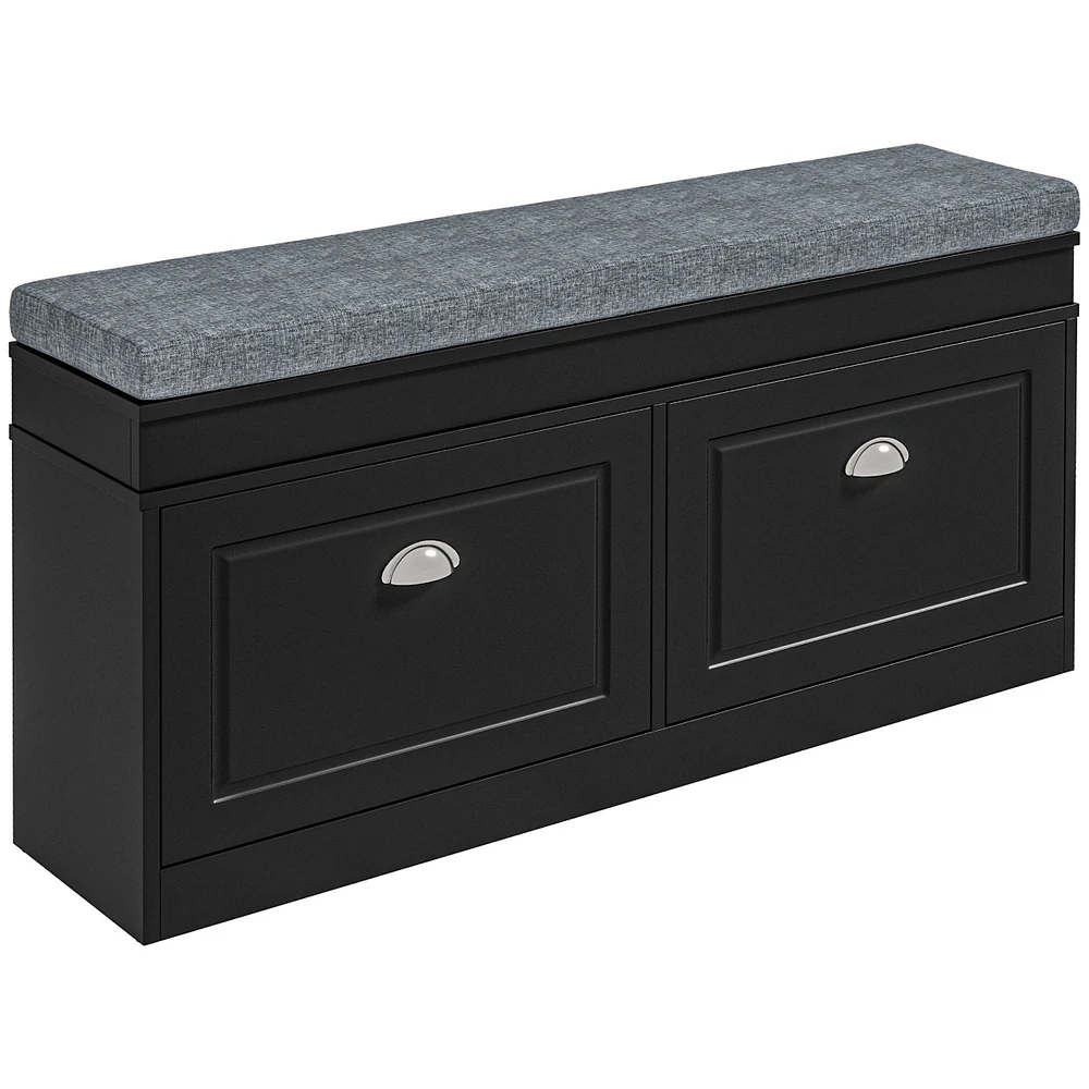 Modern Shoe Rack Bench for Entryway, Storage Organizer with Cushion, 2 Drawers, Adjustable Shelf, Holds 8 Pairs, Black