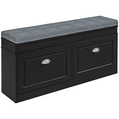 Modern Shoe Rack Bench for Entryway, Storage Organizer with Cushion, 2 Drawers, Adjustable Shelf, Holds 8 Pairs, Black