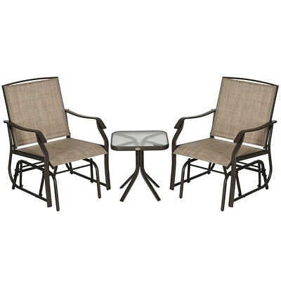 3 Piece Outdoor Glider Chair with Coffee Table Bistro Set, 2 Patio Rocking Swing Chairs with Breathable Sling Fabric, Glass Tabletop, for Backyard, Ga