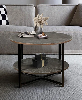 31.5" D x 31.5" W x 18.3" H Round Coffee Table With 2-Tier Storage, Farmhouse Living Room Cocktail Table With Black Metal Leg, Patchwor