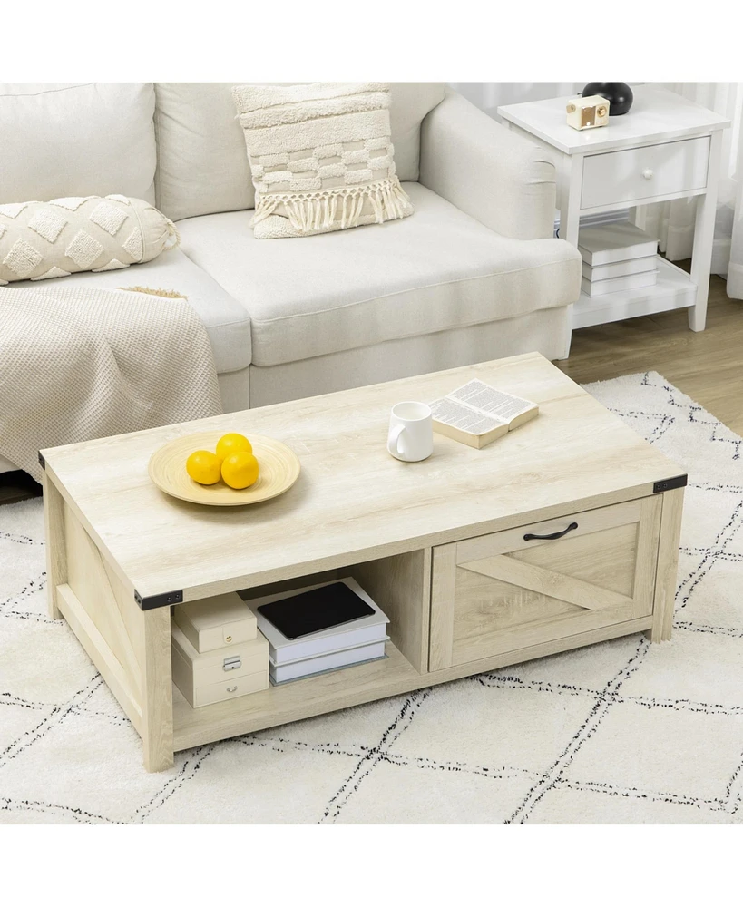 Farmhouse Coffee Table with Storage and Drawer, Rustic Coffee Table for Living Room, Open Shelf, Pale Oak