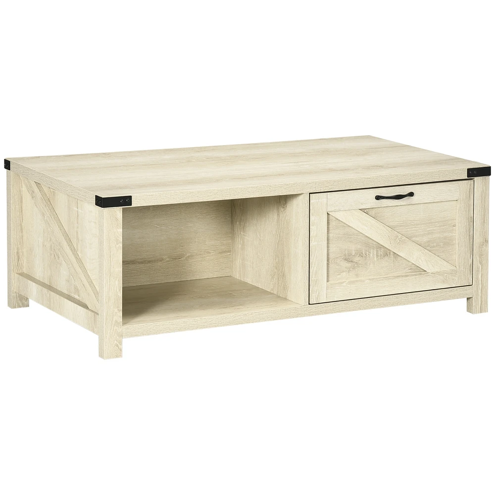 Farmhouse Coffee Table with Storage and Drawer, Rustic Coffee Table for Living Room, Open Shelf, Pale Oak