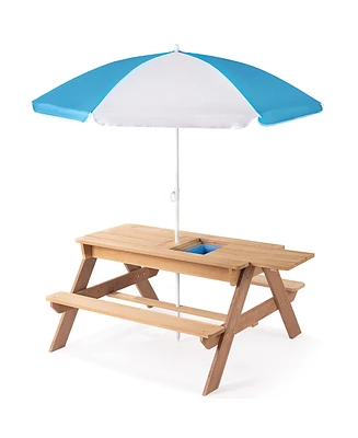 3-in-1 Kids Outdoor Wooden Picnic Table With Umbrella, Convertible Sand & Wate, Gray Astm & Cpsia Certification