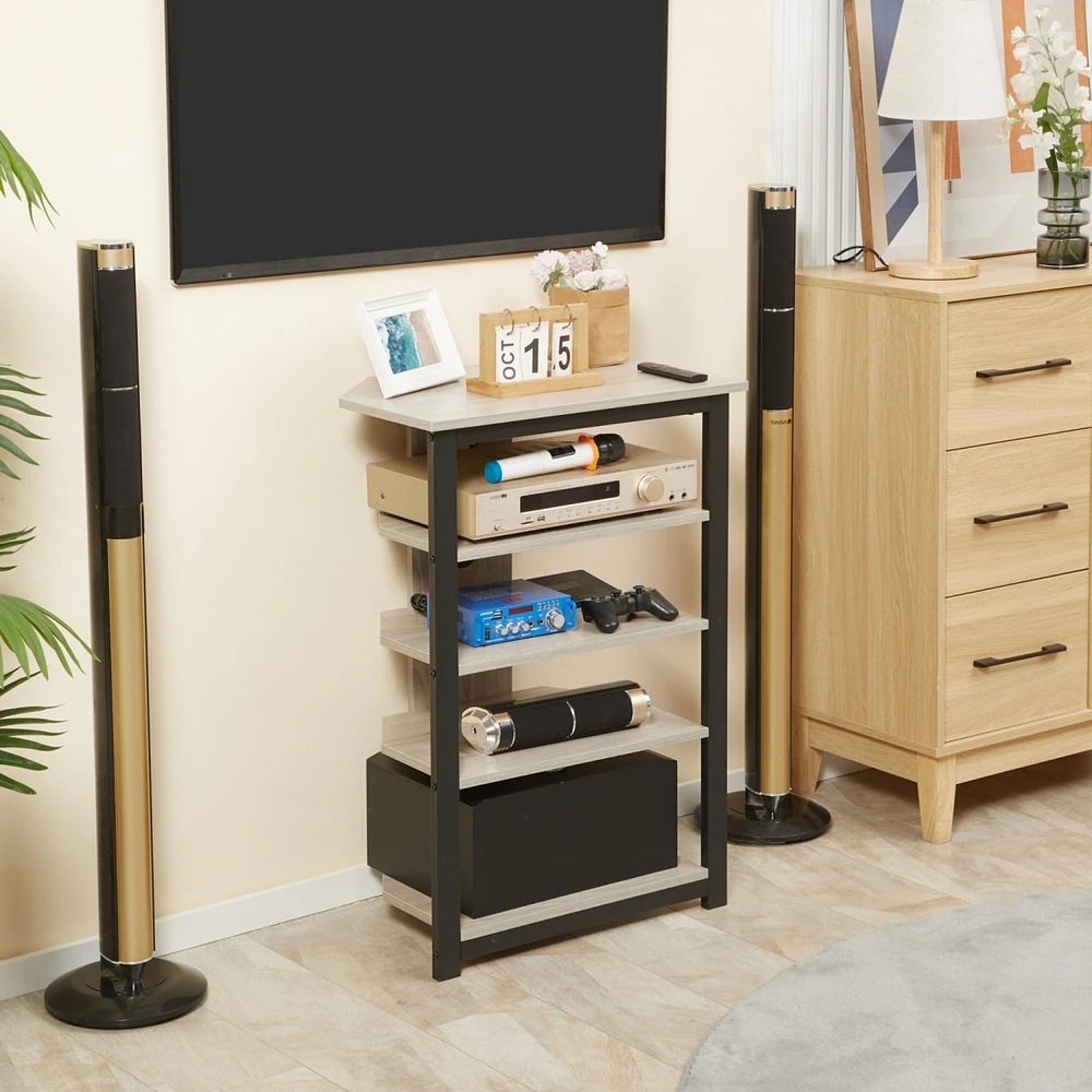 Tv Stand, Av Media Stand, Corner Audio Tower with Storage Shelves and Steel Frame, Living Room Storage, Gray