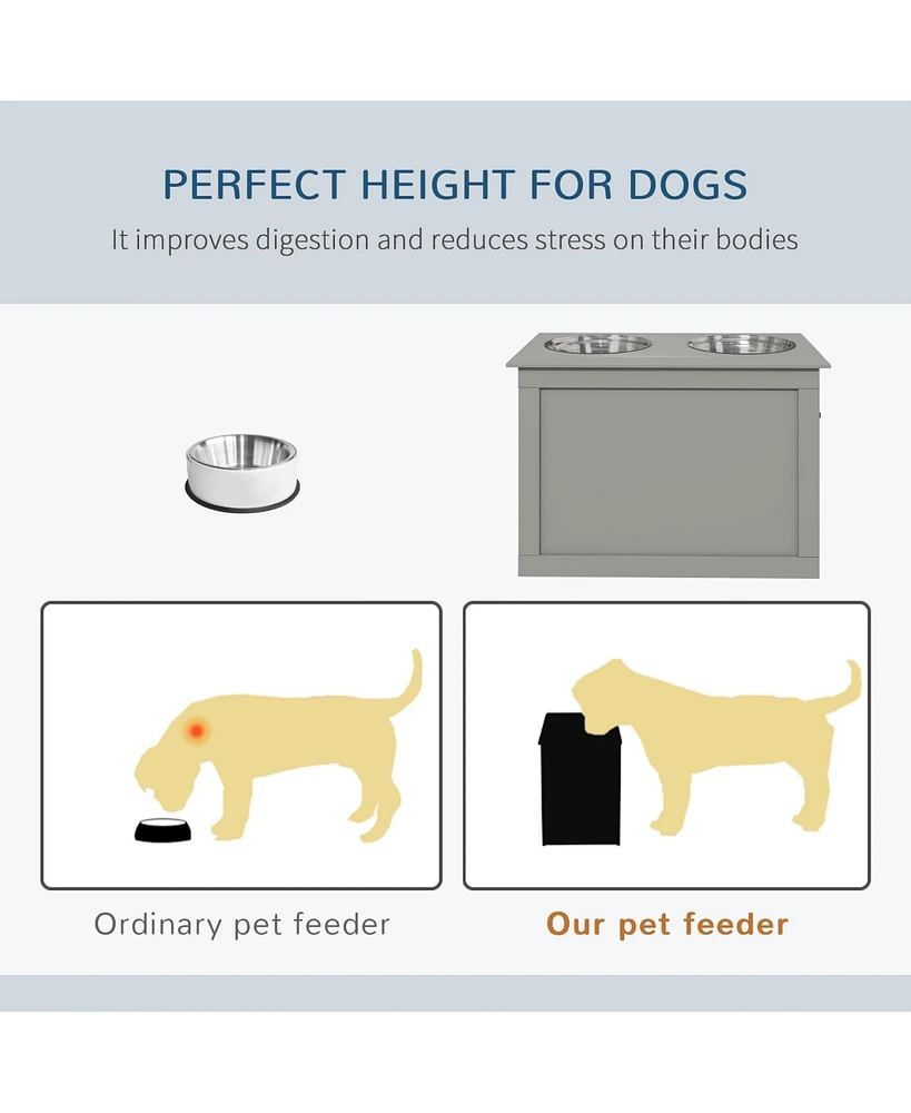 Raised Pet Feeding Storage Station with 2 Stainless Steel Bowls Base for Large Dogs and Other Large Pets, Gray