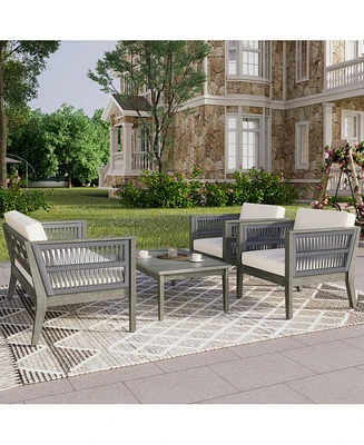 4-Pieces Acacia Wood Patio Furniture Set, Outdoor Furniture with Coffee Table, Patio Conversation Set Deep Seating with Soft Cushion, Porch Chairs for