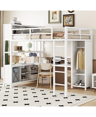 Metal Loft Bed with Wardrobe And L-shaped Desk, Full Size Loft Bed with Storage Cubes and Shelves, Heavy Duty Loft Bed for Kids Teens Adults, White(Pr