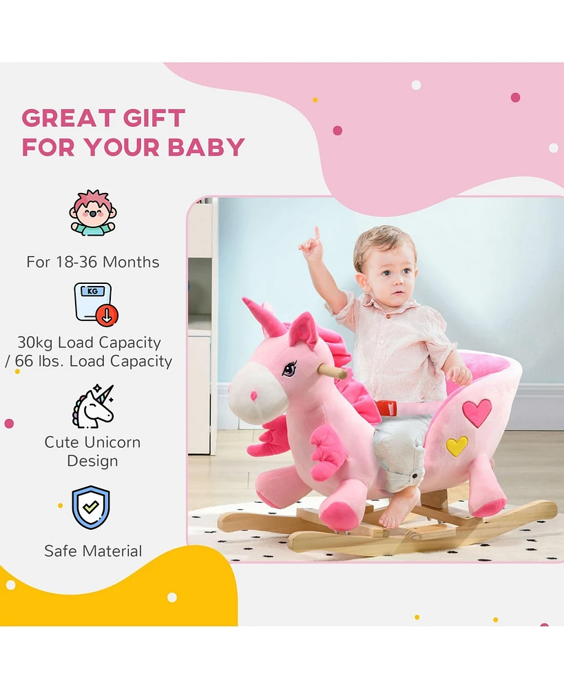 Baby Rocking Horse, Ride on Unicorn with 32 Songs, Toddler Rocker Toy with Wooden Base Seat Safety Belt for 1.5-3 Year Old, Pink