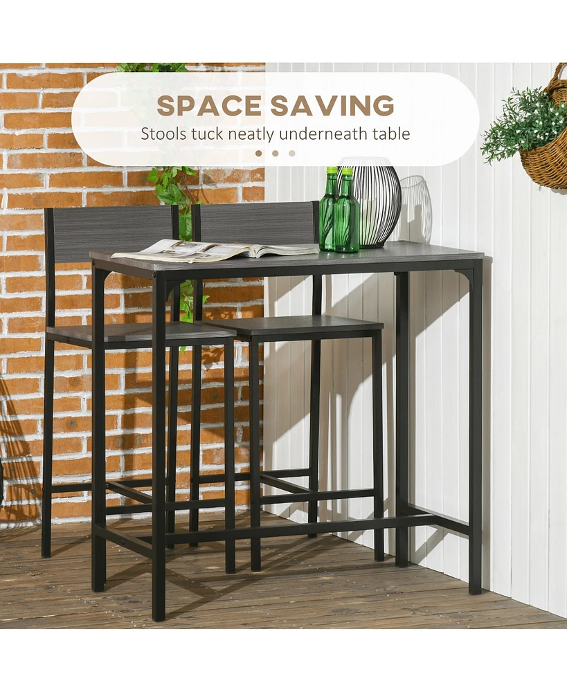 3 Piece Bar Table and Chairs, Industrial Dining Table Set for 2, Counter Height Kitchen Table with Bar stools, Breakfast Table Set for 2 for Small Spa