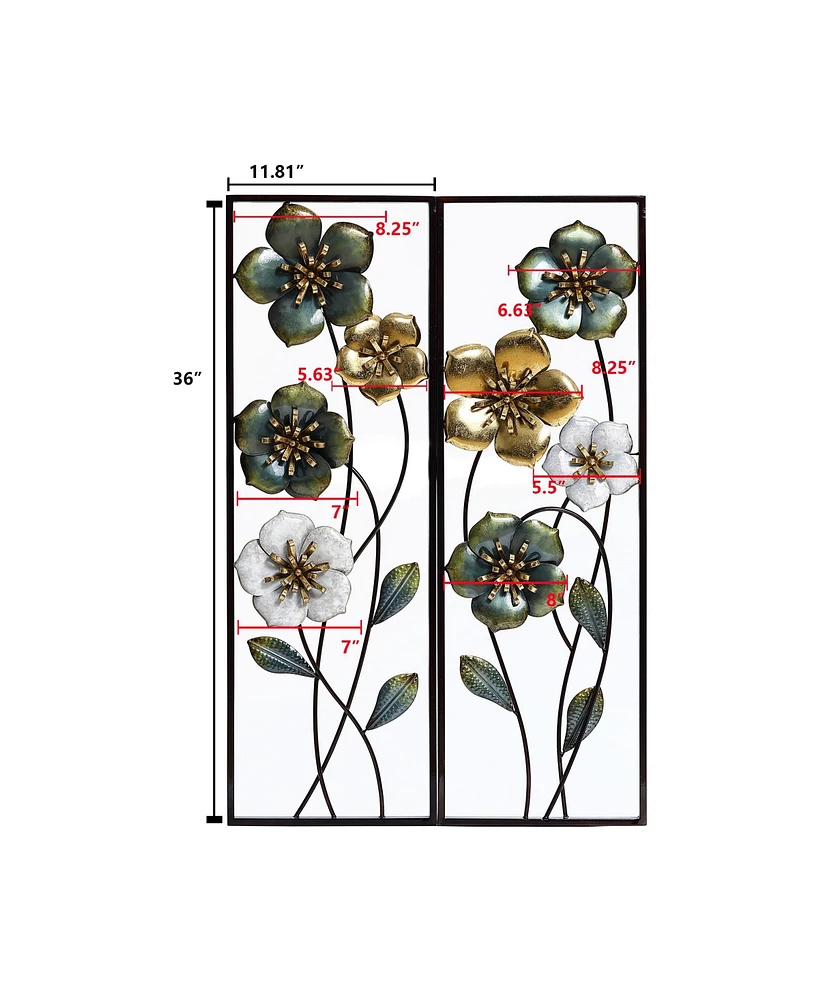 LuxenHome Set of 2 Metal Green, White, and Gold Wild Flowers Wall Decor