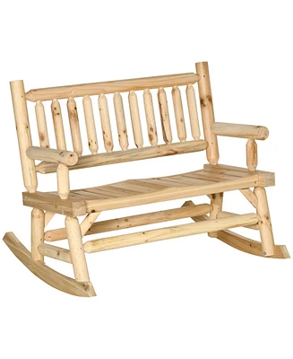 2-Person Wood Rocking Chair with Log Design, Heavy Duty Loveseat with Wide Curved Seats for Patio, Backyard, Garden, Natural