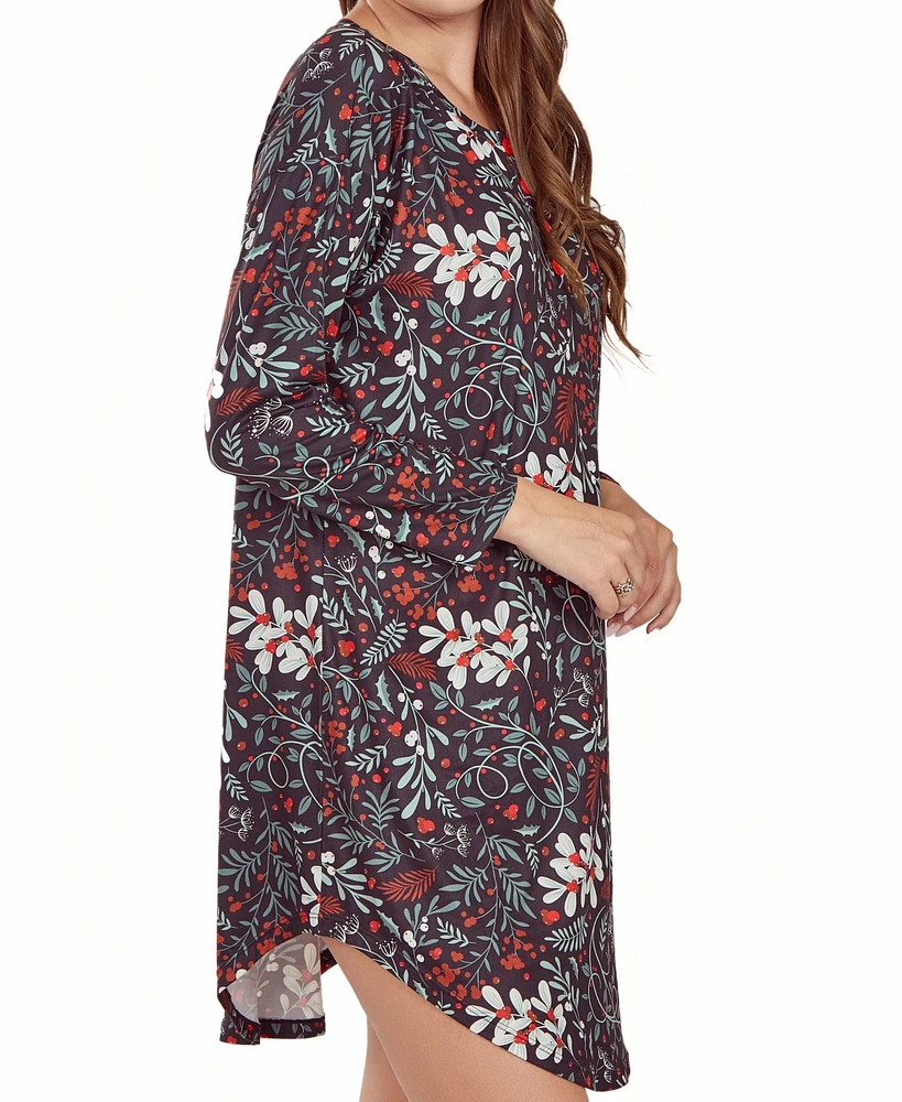 iCollection Plus Long Sleeve Ultra Soft Floral Print Sleepshirt Nightgown