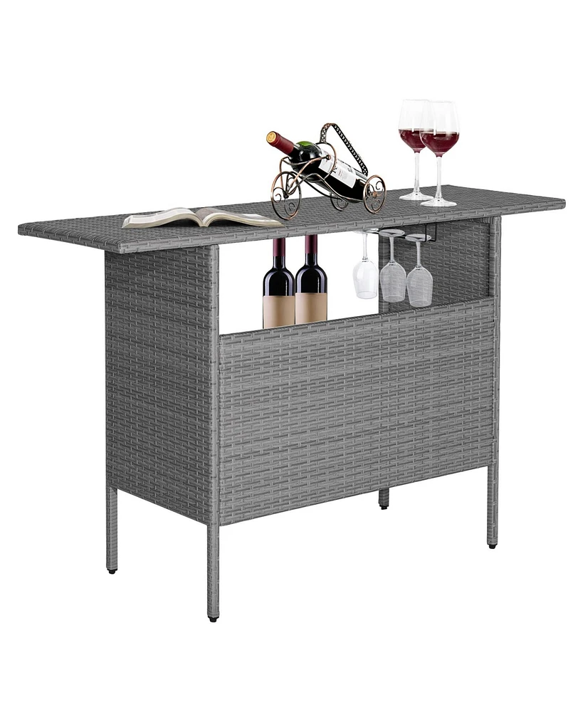 Sugift Outdoor Patio Wicker Bar Table with Metal Shelves