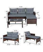 Sugift 3 Pieces Outdoor Patio Corner Rattan Sofa Set-Grey