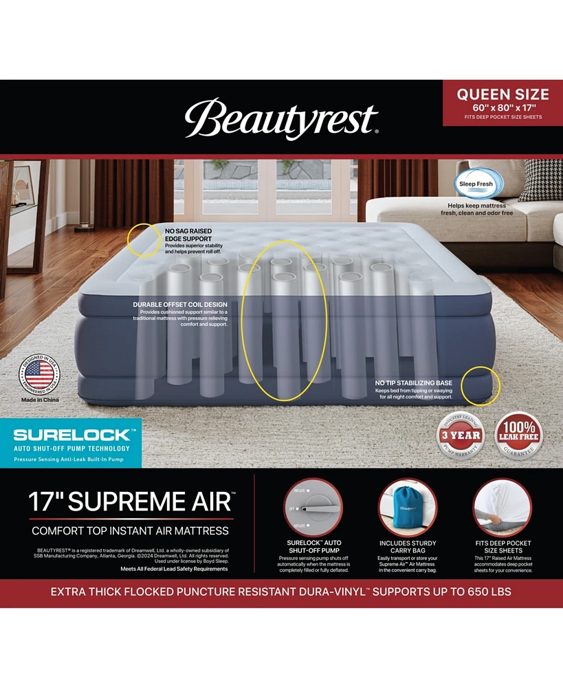 Beautyrest 17" Supreme Air Comfort Top Air Mattress with Built-in SureLock Pump and Auto Shut-Off, Queen Size, Puncture-Resistant Dura-Vinyl, Raised E