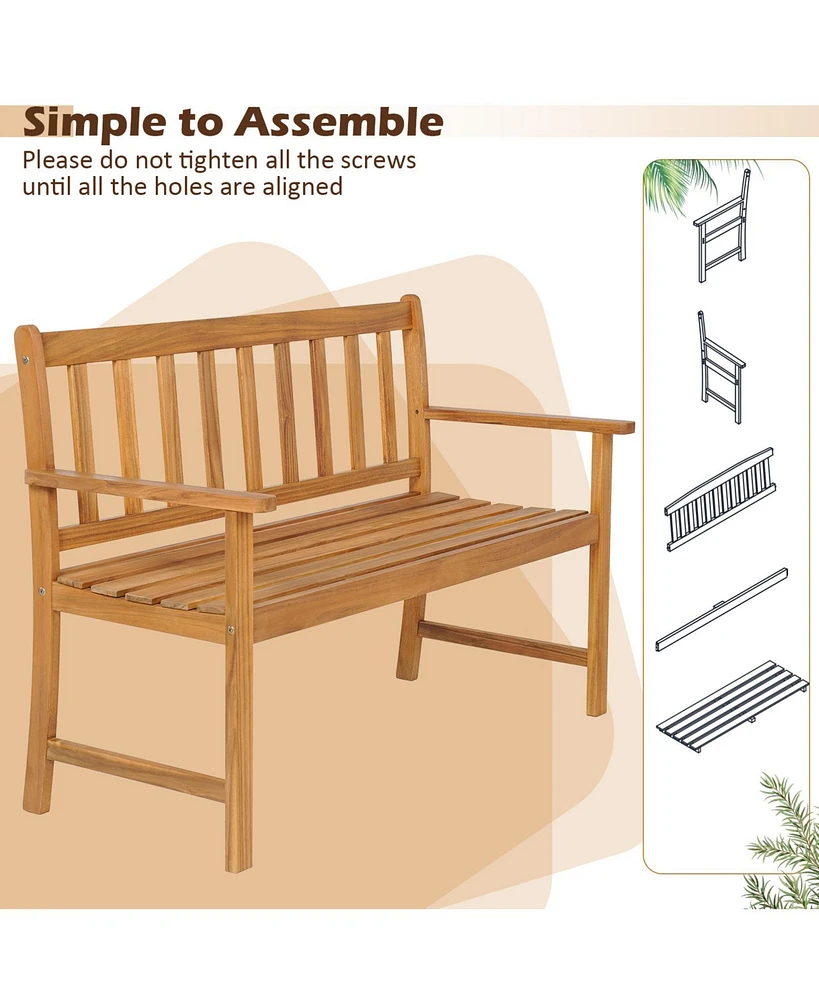 2-Person Patio Acacia Wood Bench with Backrest and Armrests