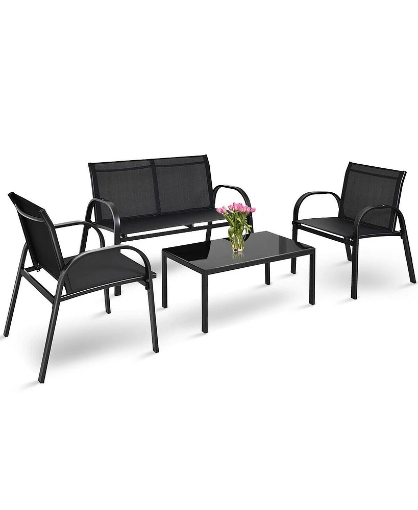 Sugift 4 Pieces Patio Furniture Set with Glass Top Coffee Table