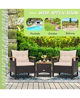 3PCS Patio Rattan Furniture Set Wooden Armrest Table Top Cushioned