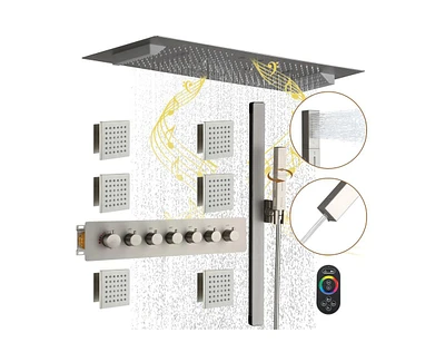 36 Inch Led & Music Rainfall Thermostatic Shower System with Slide Bar and 2-in-1 Handheld