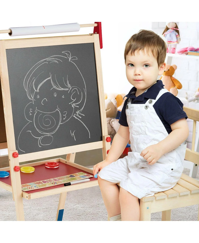 Gouun All-in-One Wooden Height Adjustable Kid's Art Easel with Magnetic Stickers and Paper