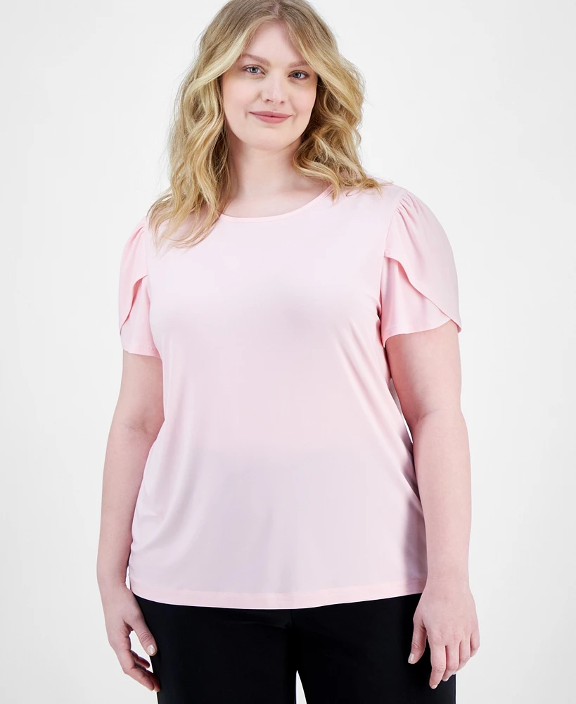 Ak Anne Klein Plus Size Solid Tulip-Sleeve Crewneck Top