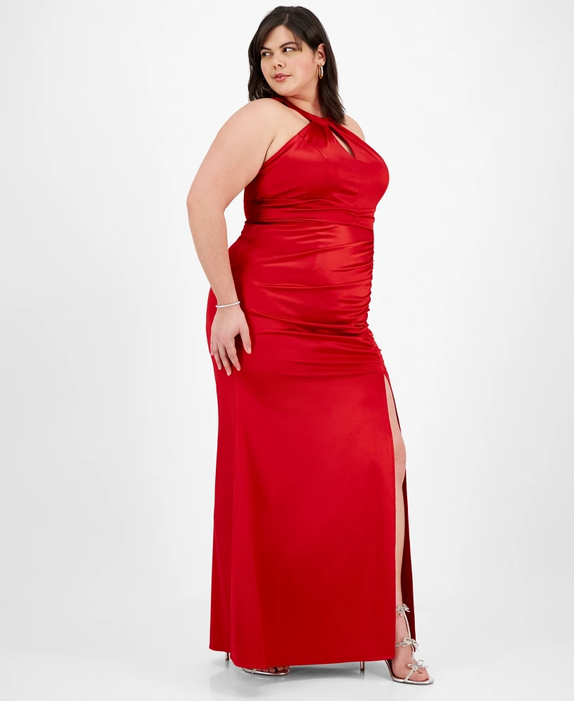 Emerald Sundae Plus Sateen Shirred Halter Gown, Created for Macy's