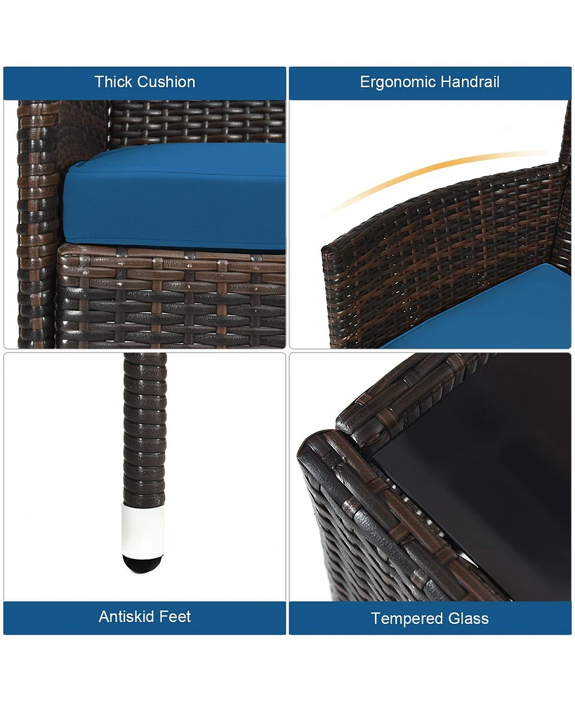 Sugift 4 Pieces Comfortable Outdoor Rattan Sofa Set with Glass Coffee Table-Peacock Blue