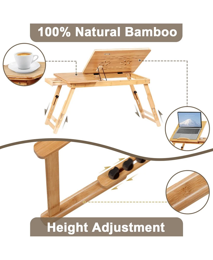 Sugift Bamboo Laptop Desk Adjustable Folding Bed Tray with Drawer