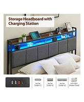 gaomon Bed Frame With 2-Tier Storage Headboard, Upholstered Platform Bed Frame With 2 Storage Drawers, Built In Charging Station & Led
