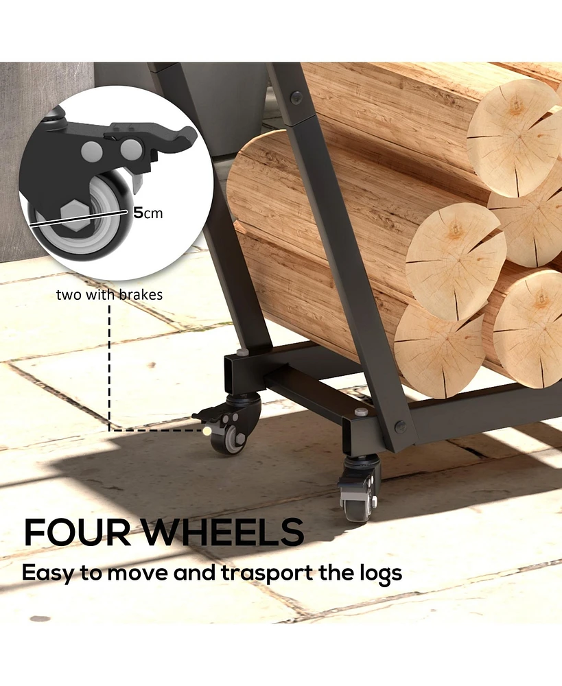 Outsunny 31" Outdoor Firewood Rack, Metal Log Holder with Wheels Hooks