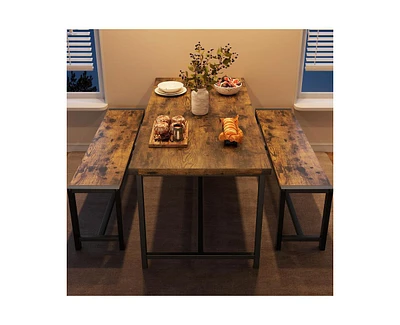 gaomon Dining Table Set for 4, Kitchen Table with 2 Metal Wood Benches, Rectangular Room Dining Table Set, 3 Piece Farmhouse Kitchen Table Set for Sma