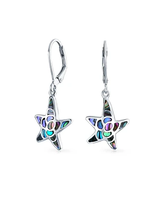Bling Jewelry Nautical Vacation Honeymoon Marine Life Beach Iridescent Abalone Shell Inlaid Drop Starfish Earrings .925 Sterling Silver Lever Back