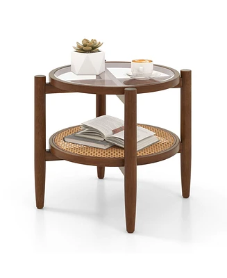 Gymax 2-Tier Round Side End Table Pe Rattan Sofa Nightstand Tempered Glass Tabletop