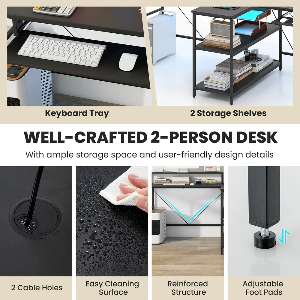 Costway 94.5" Long Office Desk 2-Person Reversible Computer with Led Lights