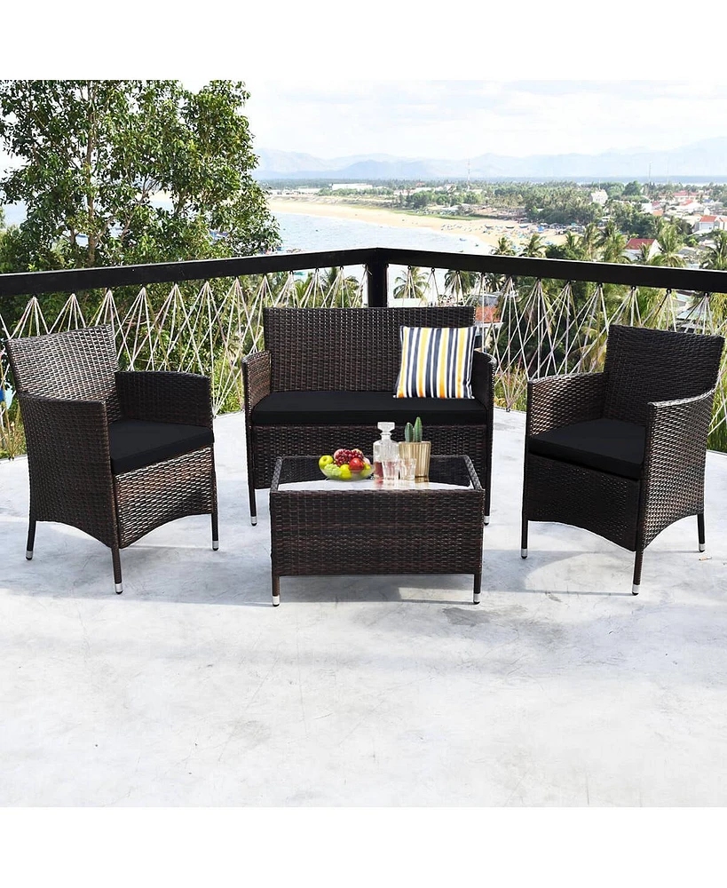 Sugift 4 Pieces Rattan Sofa Set with Glass Table and Comfortable Wicker for Outdoor Patio-Black