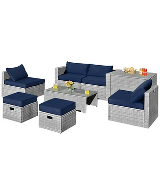 Sugift 8 Pieces Patio Rattan Furniture Set with Storage Waterproof Cover and Cushion-Navy
