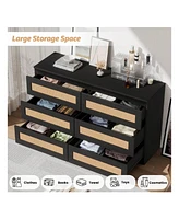 Rattan Dresser For Bedroom, 6 Drawer Dresser For Bedroom, Modern Wide Chest Of Drawers With Anti-Tip Kit