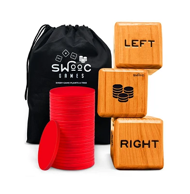 Swooc Giant Right Center Left Dice Game (All Weather) with 24 Large Chips & Carry Bag - Jumbo Wooden Lawn Game - Big Wood Dice