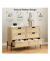 6 Drawers Dresser For Bedroom, Natural Rattan Drawer With Spacious Storage, Wood Chest Of Drawers With Metal Legs For Bedroom, Living Room, Hallway, E