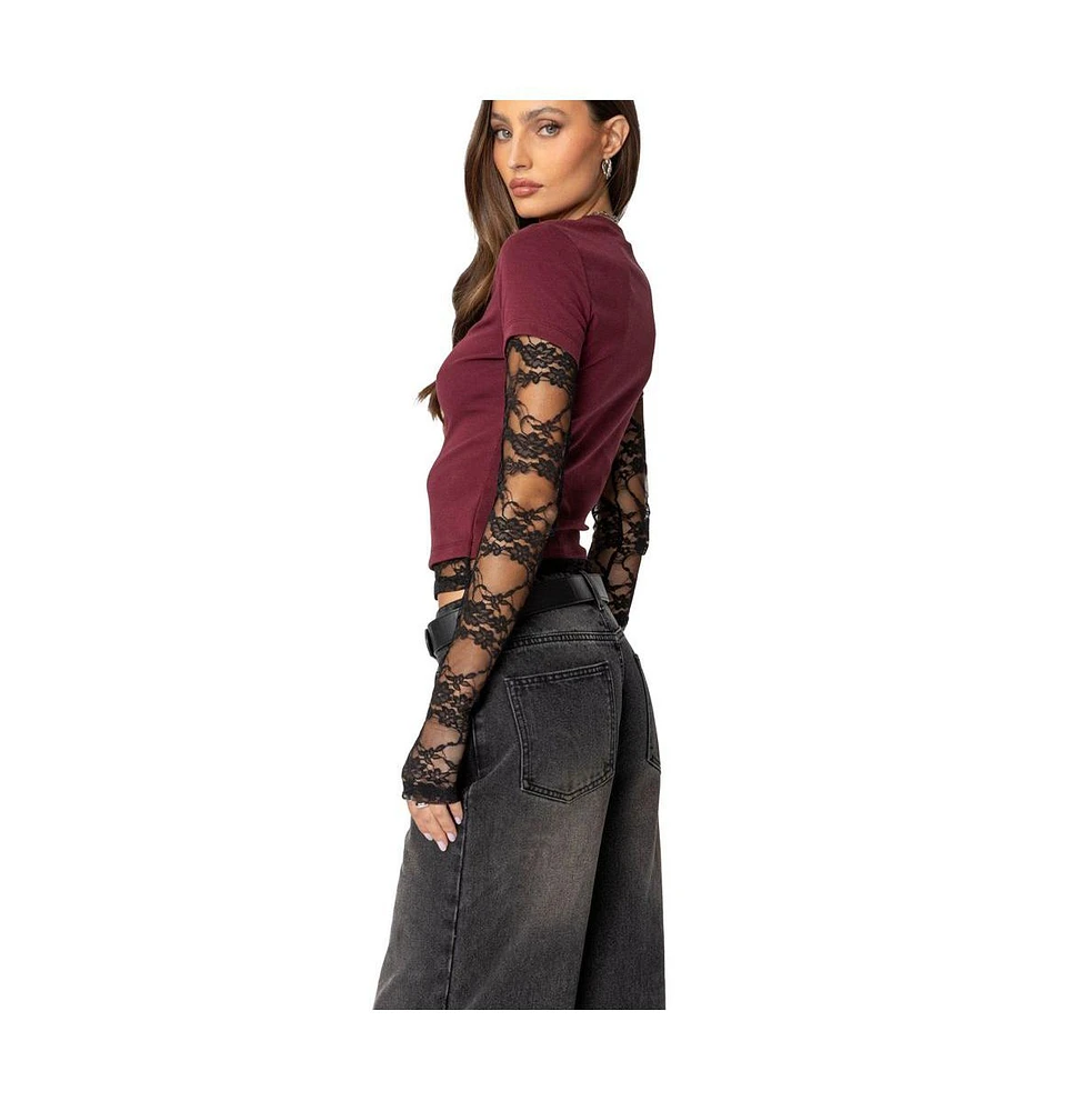Edikted Womens Layered Lace Sleeve T Shirt