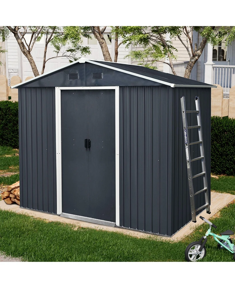 8ft x 4ft Outdoor Metal Storage Shed with Sliding Door and foundation for Backyard, Patio, Lawn (Black and White)