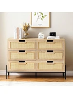 6 Drawers Dresser For Bedroom, Natural Rattan Drawer With Spacious Storage, Wood Chest Of Drawers With Metal Legs For Bedroom, Living Room, Hallway