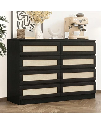 8 Drawer Double Dresser For Bedroom, Rattan Chest Of Dressers