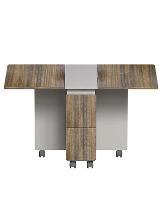 5 Pieces Folding Extendable Dining Table Set with 4 Chairs for 4 Peoples, 55'' Drop Leaf Wood Kitchen Dining Room Table Set with Storage and 6 Wheels