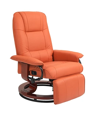 Faux Leather Manual Recliner, Adjustable Swivel Lounge Chair with Footrest, Armrest and Wrapped Wood Base for Living Room, Orange