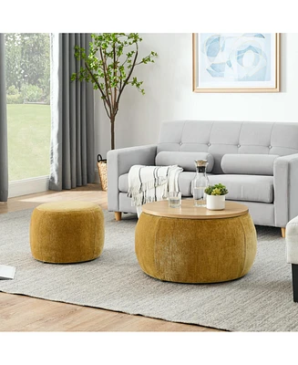 Round Storage Ottoman, 2 in 1 Function, Work as End table and Ottoman,with small seat,Dark yellow(25"x25"x14.7") ow