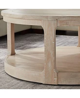 40inch Large Curved 2 Tier Traditional Round Circle Wooden Center Coffee Table,Rounded Table with Wheels, Mid Century Table for living Room,Office,Apa